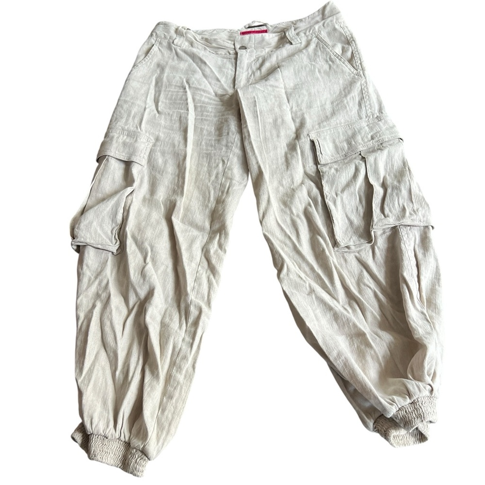 Alice + Olivia Joggers Siz 6 Beige Nude Mid Rise Linen Blend Tapered Cargo Pants